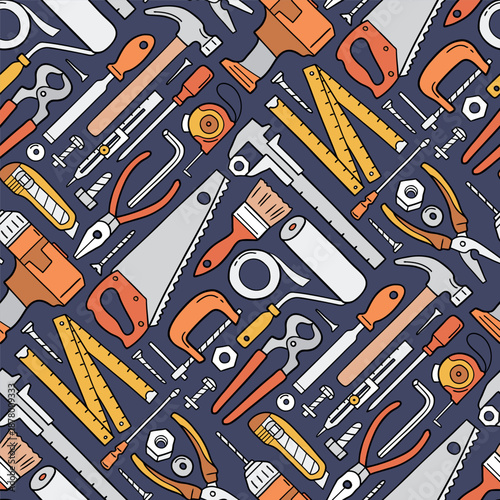 Seamless vector pattern with various tools. Hand drawn illustration of cutter, nut, spanner, stripper, drill, screw, screwdriver, handsaw, wrench and pliers. Perfect for textile or print design.