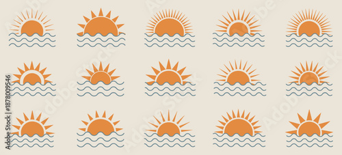 Sun over sea icons set with horizon waves, minimal vector symbols for summer, vacation, travel, and weather graphics, clean flat illustrations for tourism and holiday design.