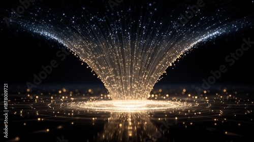 Futuristic light funnel illustrating data integration, streams of glowing data points converging into a central hub, representing aggregation, transformation, and unified analytics.