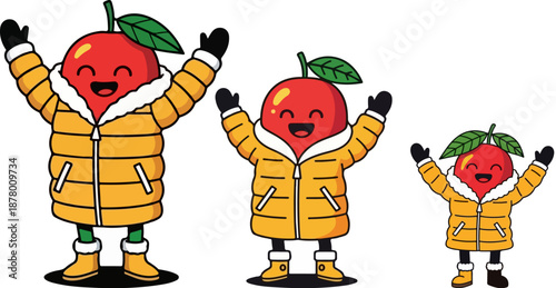 Adorable cheerful cartoon apple characters wearing bright yellow winter puffer coats and gloves cheerfully celebrating something exciting together in a fun seasonal illustration