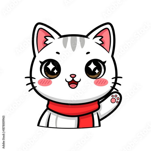 Cute white cat with red scarf and pink ears smiling cheerfully