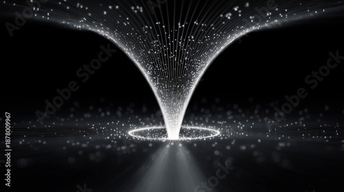 Monochrome visualization of a data flow funnel, particles converging into a funnel and streaming through a circular aperture, representing data aggregation and processing.