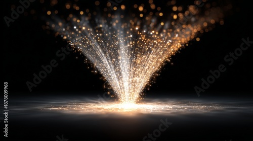 Glowing particle stream forming an etl funnel over a surface, symbolizing data extraction, transformation and loading flow.