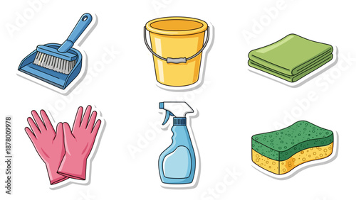 Set of cleaning supplies and tools for housekeeping and chores