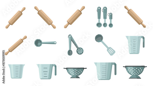 Collection of baking and cooking utensils rolling pins, whisks, ladles, measuring cups, and strainers