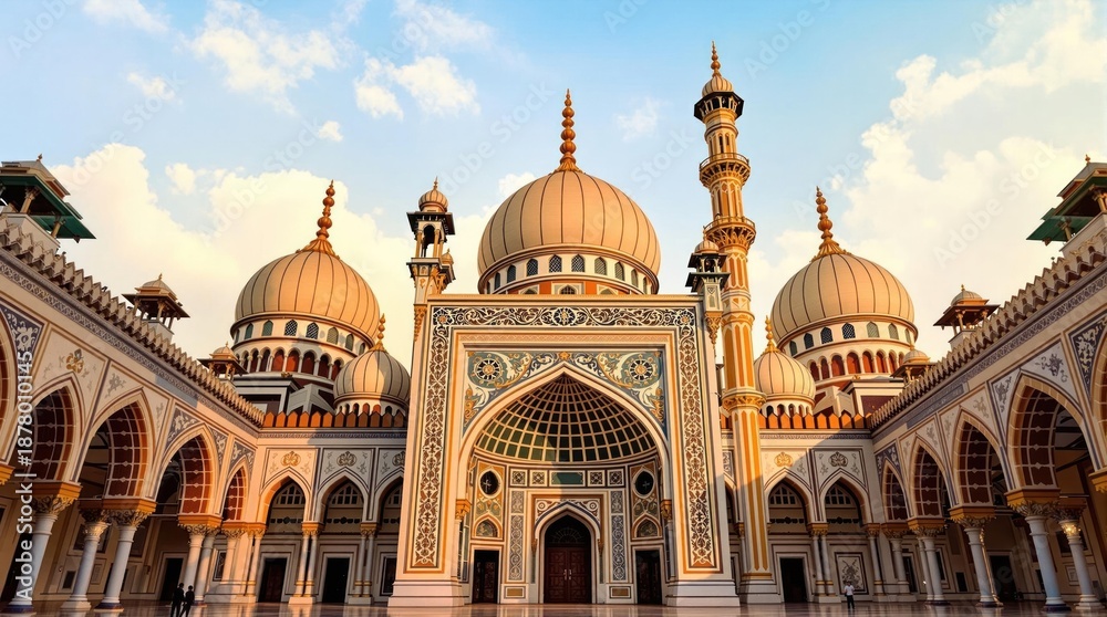 Fototapeta premium Ornate mosque facade with domes & minarets under a bright sky, intricate patterns