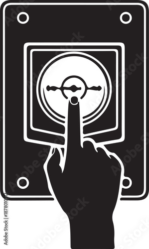 Hand pressing button on control panel with circular dial and white outline