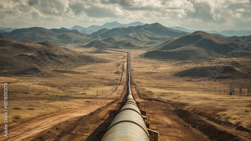 Long aboveground pipeline crossing remote borderland, symbolizing energy transport, geopolitics and infrastructure connectivity.