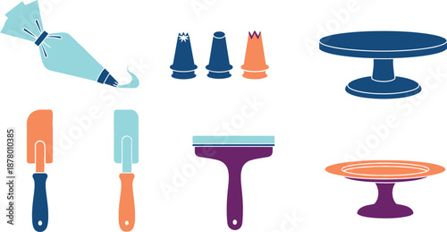 Flat design set of 6 cake decorating tools piping bag icing nozzle turntable spatula smoother and cake stand