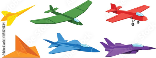 Flat design set of 6 paper airplane designs dart glider stunt plane and jet style folded paper