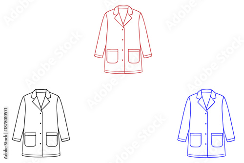 Isolated set of vector line art doctor lab coats in red, black, and blue