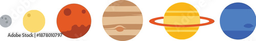 Flat style illustration collection of 6 solar system planets mercury venus mars jupiter saturn and neptune
