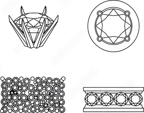 Line art vector set of 4 gemstone setting types prong setting bezel setting pavé setting and channel setting