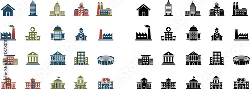 Building Typology Icons Set – Residential, Commercial, Public and Industrial Architecture.