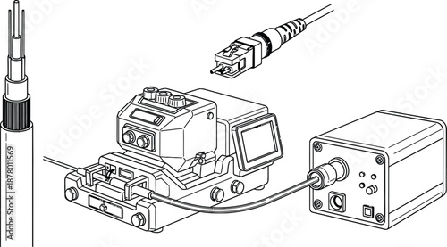 Outline illustration set of 4 fiber optic components optical cable connector splicing machine and light source