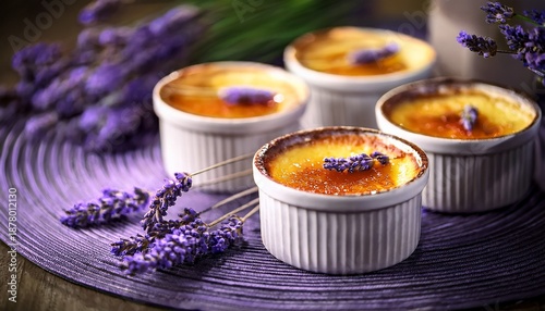 Close Up Of Lavender Creme Brulee Desserts In Ramekins With Shallow Depth Of Field Setting The Scene