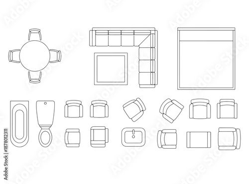 Furniture Outline Top View Floor Plan Vector Icons for Home and Interior Design