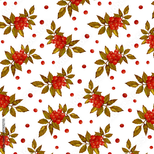 Branches with red berries and leaves on a white background.Vector seamless pattern with red berries and autumn leaves on a light background.