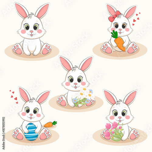 White Bunny Character Set. 5 Variations with Flowers, Eggs and Carrot