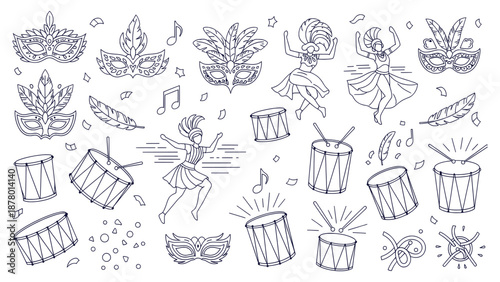 Rio Carnival Outline Elements Samba Dancers Masks Drums Musical Instruments Doodle Set