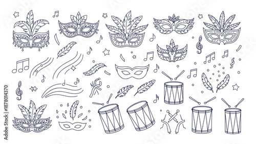 Detailed Hand Drawn Carnival Mask Festival Outline Doodle Vector Set Collection