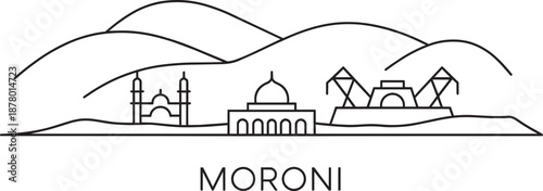 Moroni comoros city line art skyline featuring mountain range and distinct historic architecture