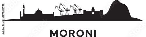 Moroni comoros city silhouette panorama skyline with text, urban landscape vector illustration