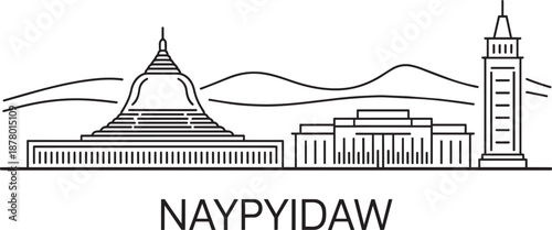 Naypyidaw city skyline line art illustration including pagoda and parliament building in burma