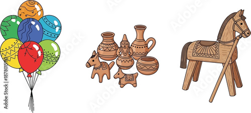 Decorative bundle of party balloons folk art terracotta figurines handmade wooden toy horse isolated vector illustration design