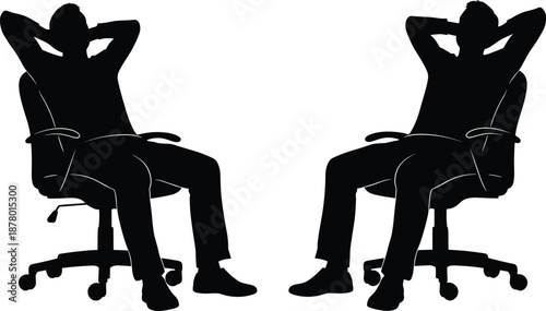 Silhouettes of seated individuals in office chairs, relaxed posture with hands behind head, black and white graphic, mirrored composition, transparent background illustration