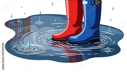 Pair of colorful rain boots standing in a puddle of water with rain falling around them, mex065.eps illustration style