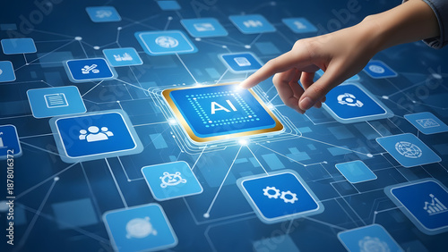 Digital innovation of artificial intelligence, hand touching AI processor icon amidst network of technology icons