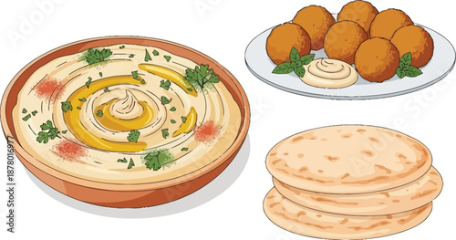 Delicious middle eastern appetizer platter with hummus falafel and stack of soft pita bread vector art