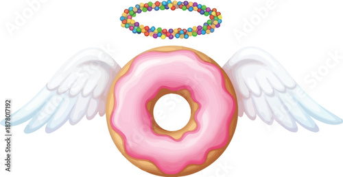 Donut with pink icing white wings and colorful candy halo on transparent background