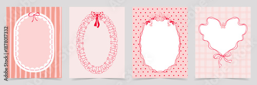 Hand drawn Coquette Frames with Heart, floral, ribbon, wavy lines. Frames with bow, lace, in vintage girly style. Whimsical borders for Valentines Day cards, Wedding invitation, poster, banner