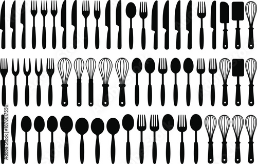 Assorted kitchen utensils collection on white background
