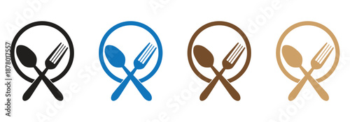 Restaurant or cafe icon set with crossed spoon and fork in various colors