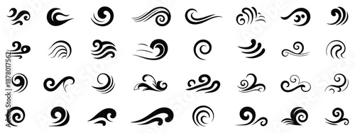 Wave shapes collection, set of sea wave logos in black, water wave icons collection, vector illustration perfect for ocean, sea, beach, water sports, and marine design projects.
