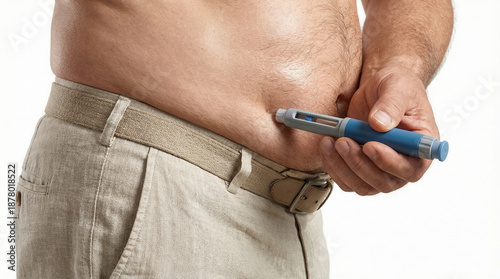 Man injecting insulin or semaglutid into abdomen with pen injector for diabetes care daily