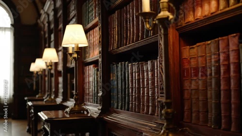 Vintage library interior with antique lamps and bookshelves full of old books, creating a warm and inviting atmosphere, perfect for reading and study.