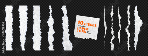 White torn crumpled paper texture vector kit. Jagged rip effect on sheet, clean edge line, blank page piece. Ideal for banners, dividers and handout elements. Clipart kit on like transparent png bg