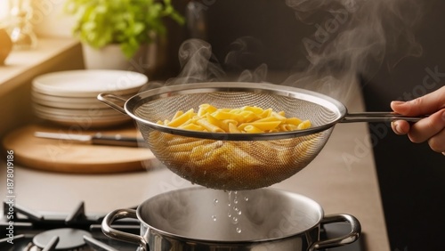 Sieve with pasta on pot in kitchen, closeup