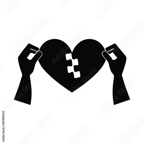 Valentine's Day silhouette vector illustration of two hands holding a broken puzzle heart being put together for relationship healing or unity concepts
