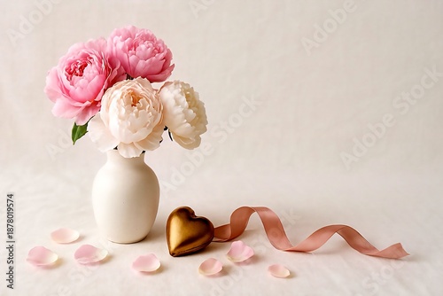 Romantic peonies in vase with heart and ribbon on pastel background 