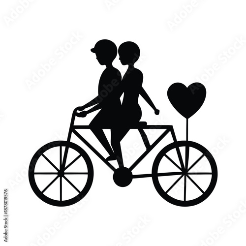 Valentine's Day silhouette vector illustration of a couple riding a bicycle with a heart balloon for playful romance and summer date night themes