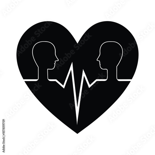 Valentine's Day silhouette vector illustration of two figures merged into a single heart shape for union, marriage, and soulmate concepts