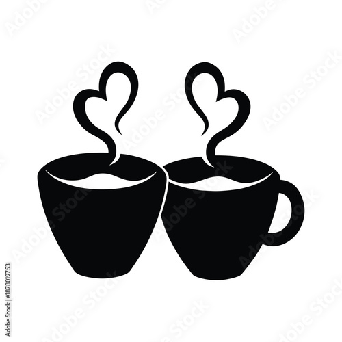 Valentine's Day silhouette vector illustration of two coffee cups with heart-shaped steam for morning love and breakfast date themes