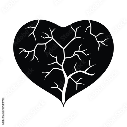 Valentine's Day silhouette vector illustration of a heart with internal branching veins for anatomical and organic love network concepts