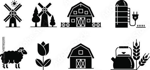 Farm icon vector set, black and white agriculture symbols, barn, windmill, silo, sheep, tulip, kettle, wheat, rural lifestyle, editable design