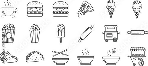 Food icon vector set, black and white illustrations, burger, pizza, ice cream, popcorn, taco, bowl, cart, drink, utensil graphics